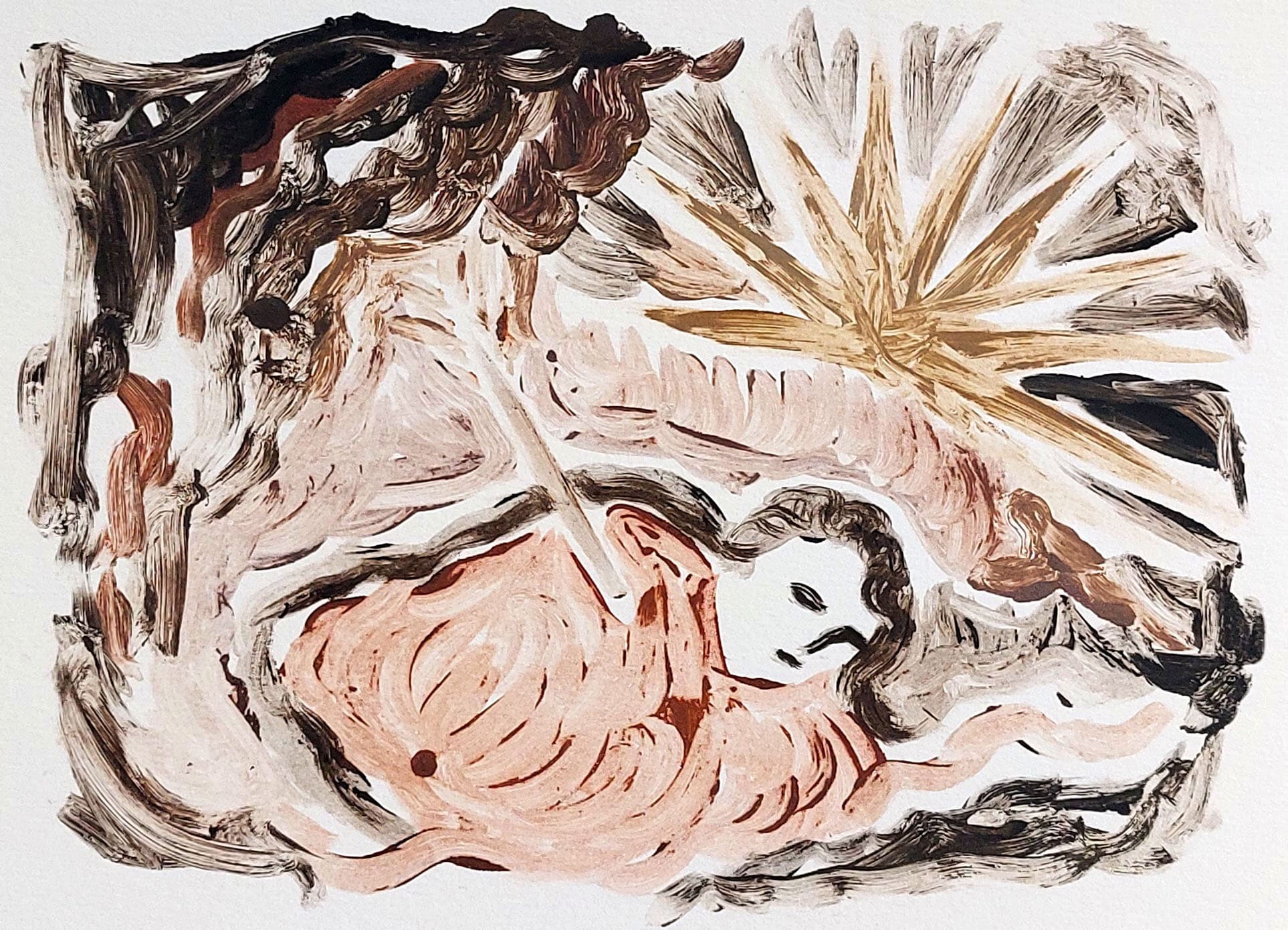 Monoprint of a person in mountainscape